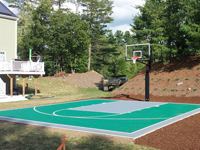 Backyard basketball court in Pembroke, MA. Whatever your sport, you could have a court surface and accessories of your own in Millis, Falmouth, Holbrook, Foxborough or East Freetown.