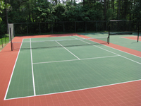 Traditional olive and rust colors for a court at a condo complex in Duxbury, MA. Tennis is shown, but the court also includes pickleball, shuffleboard, and hopscotch.