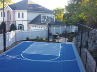 Backyard basketball court in Stoneham, MA. Whatever your sport, you could have a court surface and accessories of your own in West Roxbury, Allston, Chestnut Hill, Winchester or Concord.