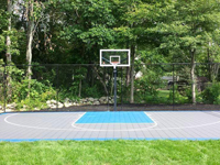 Backyard basketball court with lights for night play in Massachusetts. This could be in Winchester, Lexington, Newton, Needham, Westwood, or a happy backyard in your neighborhood.