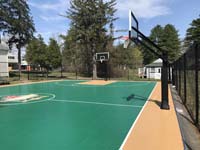 Campground basketball court in shades of green and tan, on existing asphal, with extra goals, in Sharon, MA.